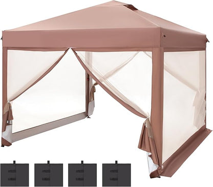 PHI VILLA 10' x 10' Pop Up Canopy Tent with Netting, Instant Gazebo, Ez up Screen House Room with Carry Bag, Height Adjustable, for Outdoor, Garden, Patio