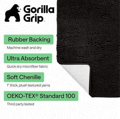 GORILLA GRIP Bath Rug Mat 48x24, Thick Soft Absorbent Chenille, Quick Dry Microfiber Mats, Rubber Backing Washable Shower Floor Rugs, Bathmat Runner, US Designed Bathroom Home Decor Accessories Black