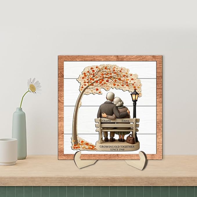 Growing Old Together Wooden Sign, Gifts for Him Her Wife Husband, Custom Wood Art Plaque Anniversary Couples Gift, Decor Valentine Christmas Gift For Parents, Grandparents Decorations Sign 39