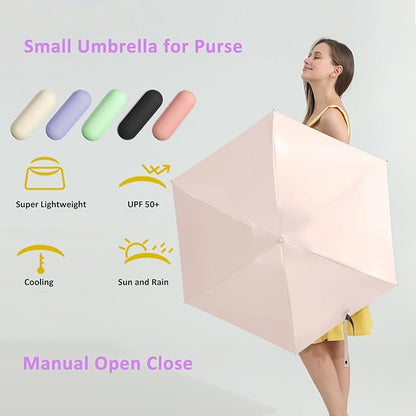 BAODINI Travel Essentials Mini Umbrella for Purse With Case Small Compact UV Sun Protection Lightweight Tiny Pocket Manual Open Close Umbrella for Women Kids and Men Fits Purse Backpack