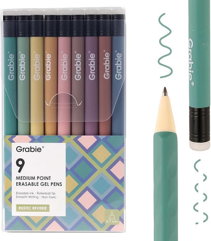 Grabie Erasable Gel Pens, Medium Point 0.7 mm Erasable Pens, Make Mistakes Disappear for Drawing Writing Planner, Pack of 9 Assorted Colors(Rustic Reverie)