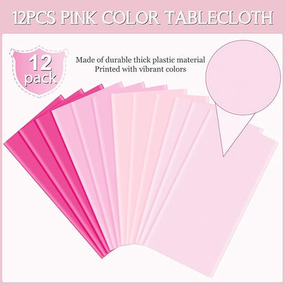 MASHAN 12 Pack Round Plastic Pink Tablecloths Disposable Pastel Pink Table Cloth Round Table Covers for Valentines Day Bridal Engagement Wedding Galentines Party Decorations,84 Inch