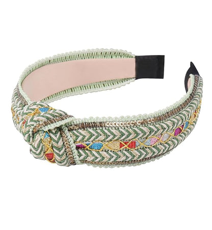 Women's Boho Top Knotted Braided Headbands for Women Non Slip, Girls Sparkly Wide Hair Accessories Christmas Gift (Boho Green Knot)