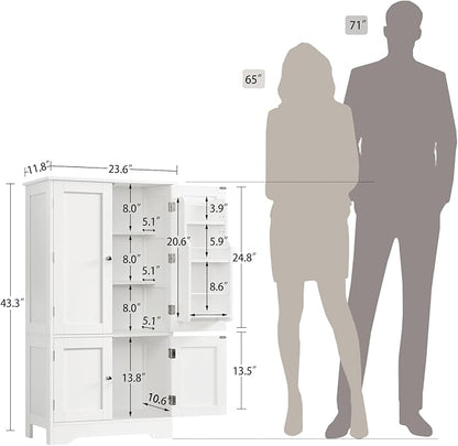 TEENFON 43'H Pantry Cabinet with 4 Doors, Kitchen Cabinet with 6 Door Shelves, Storage Cabinet-Kitchen Pantry for Living Room, Dining Room, Bathroom, White