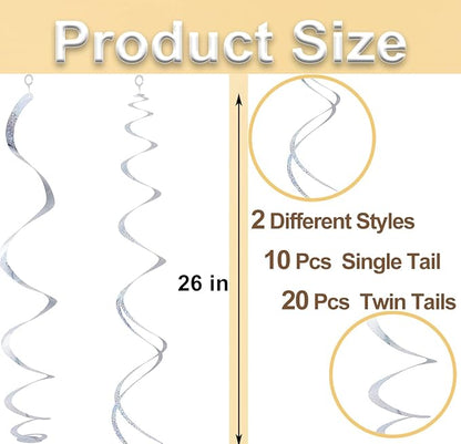 30 pcs Silver Hanging Swirls Decorations Swirl Party Decorations Plastic Party Streamer for Ceiling, 26"