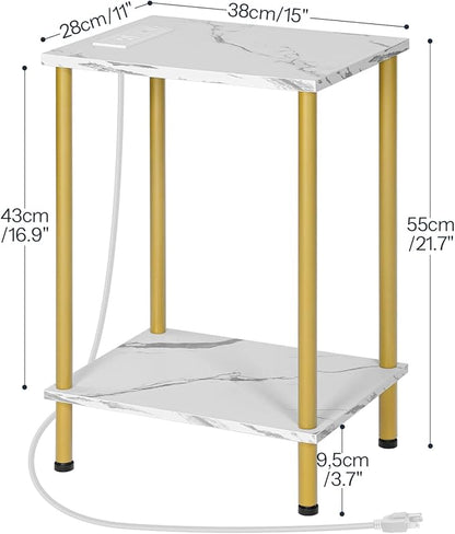 HOOBRO Side Table with Charging Station, Set of 2 End Tables with USB Port and Outlet, Nightstand with 2-Layer Storage Shelves for Small Spaces, Living Room, Bedroom, Gold and Marble DM09UBZP201