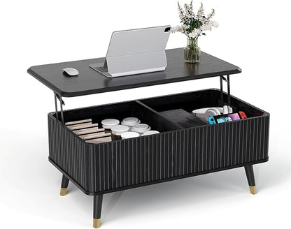 Lift Top Coffee Table with Storage, Modern Black Fluted Design, Pop-Up Center Table with Hidden Compartment for Living Room & Home Office Work/Dining