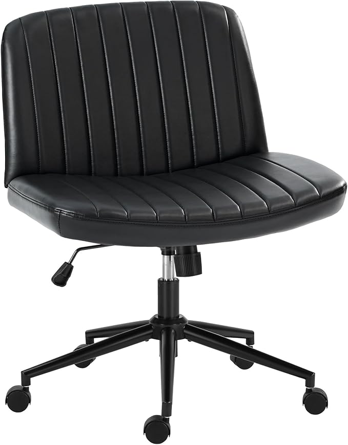 OLIXIS Criss Cross Chair with Wheels Wide Cross Legged Office Desk Vanity Chair Comfy Fabric Armless Adjustable Swivel for Home Computer Task PU Black