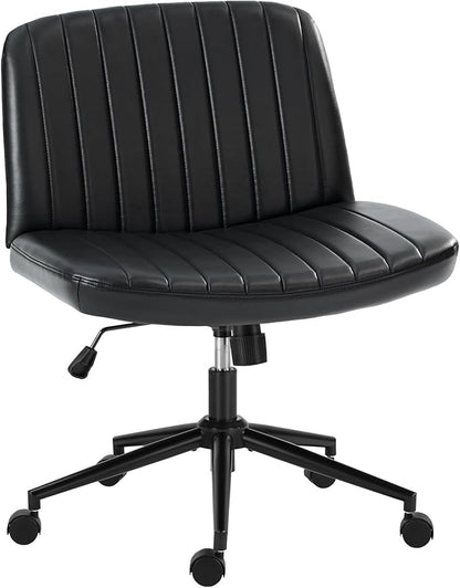 OLIXIS Criss Cross Chair with Wheels Wide Cross Legged Office Desk Vanity Chair Comfy Fabric Armless Adjustable Swivel for Home Computer Task PU Black