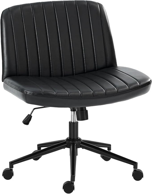 OLIXIS Criss Cross Chair with Wheels Wide Cross Legged Office Desk Vanity Chair Comfy Fabric Armless Adjustable Swivel for Home Computer Task PU Black