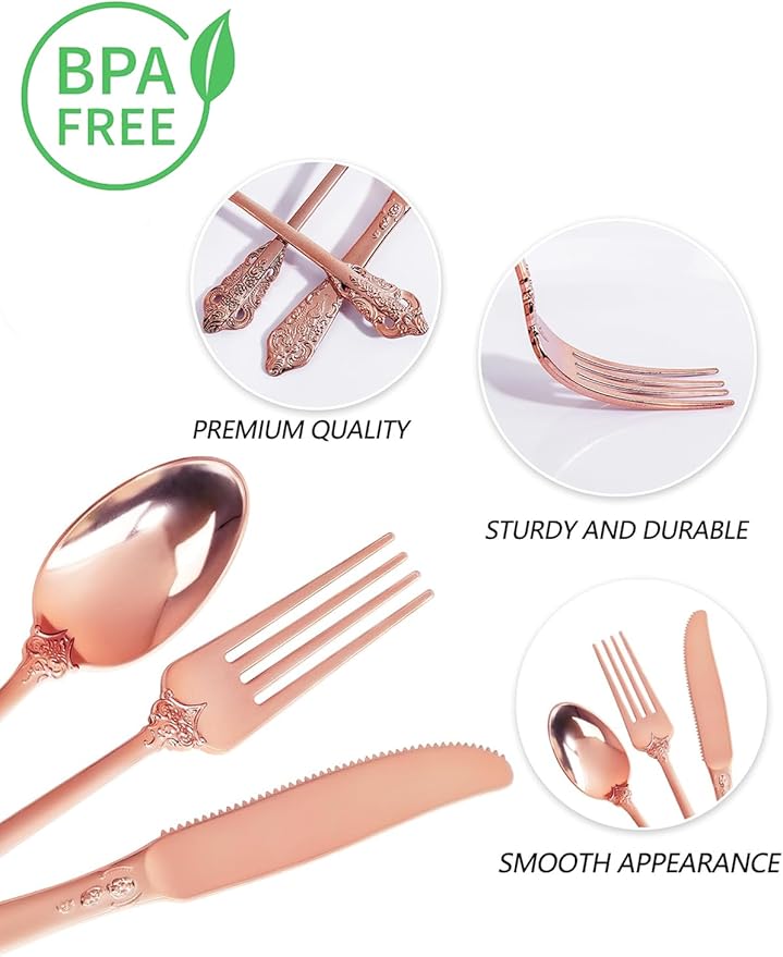 WDF 120-Piece Rose Gold Plastic Silverware - Heavy Duty Disposable Rose Gold Cutlery Set - Includes 40 Forks, 40 Spoons, 40 Knives for Wedding
