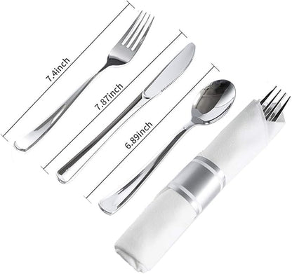N9R 75 Pack Pre Rolled Silver Plastic Cutlery Set, 75 Pieces (75 Forks, 75 Knives, 75 Spoons, 75 Napkins), Disposable Silverware Set for Party, Wedding, Modern Style