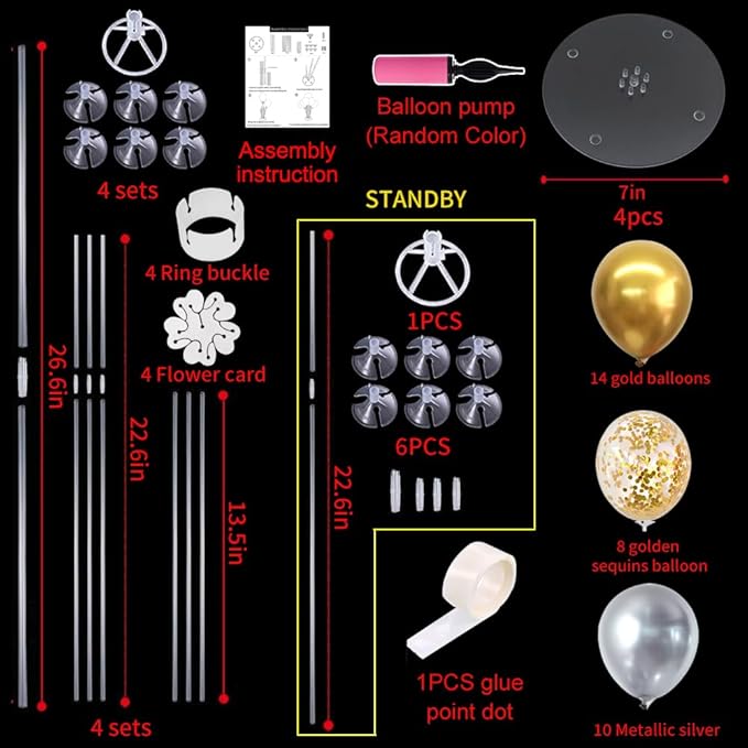 TONIFUL 4 Table Centerpiece Balloon Stand Kit Include Silver Gold Latex Confetti Balloons for 2025 Graduation,New Years 2025,Birthday,Retirement, Christmas, Anniversary Table Party Decoration