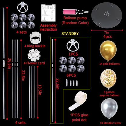 TONIFUL 4 Table Centerpiece Balloon Stand Kit Include Silver Gold Latex Confetti Balloons for 2025 Graduation,New Years 2025,Birthday,Retirement, Christmas, Anniversary Table Party Decoration