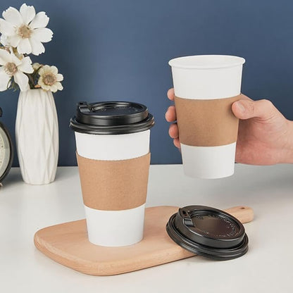 RACETOP 16 oz [100 pack] Coffee Cups with Lids and Kraft Sleeves, Disposable Paper Coffee Cups, Hot Coffee cups, Ideal for Hot Beverage