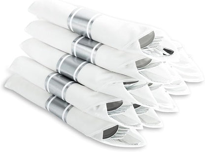 N9R 30 Pack Pre Rolled Silver Plastic Cutlery Set, Wrapped Plastic Silverware Set with 30 Forks, 30 Knives, 30 Spoons and 30 Napkins, Disposable Cutlery Set for Party and Wedding