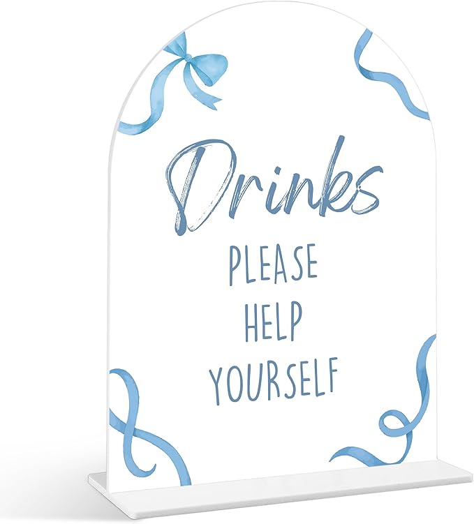 Drinks Please Help Yourself Sign - Blue Bow Baby Shower Sign, 1 Pack Arch Acrylic Sign with Stand, Gender Reveal Party Table Decor, Blue Baby Shower Supplies (SP10)