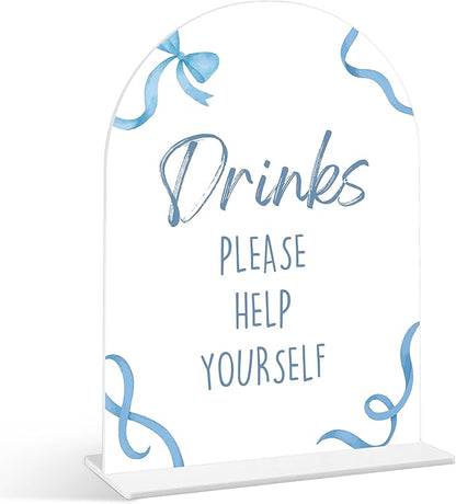 Drinks Please Help Yourself Sign - Blue Bow Baby Shower Sign, 1 Pack Arch Acrylic Sign with Stand, Gender Reveal Party Table Decor, Blue Baby Shower Supplies (SP10)
