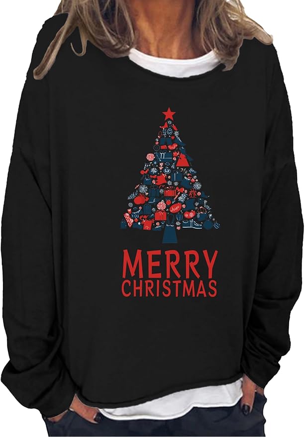 LOAIHA Merry Christmas Sweatshirt Crewneck Snowman Graphic Shirts Christmas Tree Sweater Long Sleeve Xmas Hoodie Pullover