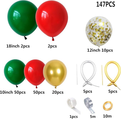 147pcs Red Green and Gold Balloon Garland Kit - Red Green Gold Balloon and Gold Confetti Balloons for Birthday Baby Shower Wedding Christmas Party Decoration