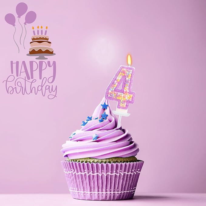 Birthday Candles - Number 4 Candle, Colorful Macaron Candles for Boys/Girls, Purple Party Decorations, Purple Cake Decorations