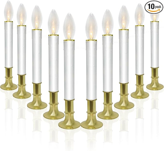 10 Pack Ultra-Bright LED Christmas Window Candles with Brass-Plated Base, Battery Operated Flameless Candles with LED C26 Warm White Bulbs Christmas Window Lights for Holiday Home Wedding Decorations