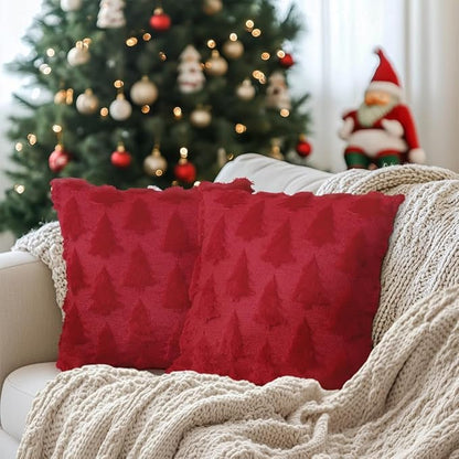 GEEORY Christmas Tree Throw Pillow Covers 16x16 Inch Set of 2, Xmas Winter Soft Plush Faux Fur Wool Decorative Farmhouse Holiday Cushion Case for Home Decoration (Red) GC005-16