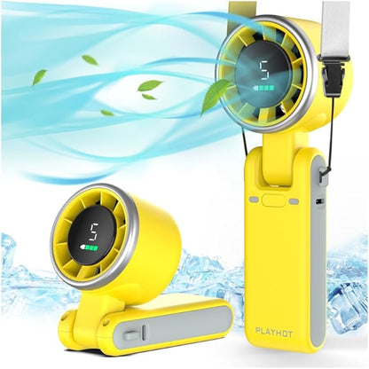 Portable Handheld Turbo Fan, 5-Speed Personal Fans, 5000mAh Rechargeable Fans Up to 12 Hours, Weight only 0.6lb Small Fan, Hand/Neck/Desk Fan 3 IN 1, Beach Vacation Essentials(Yellow)