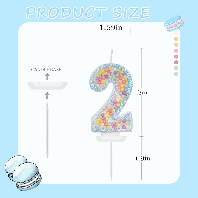 Birthday Candles - Number 2 Candle, Colorful Macaron Candles for Boys/Girls, Blue Cake Decorations, Cartoon Theme Party Supplies