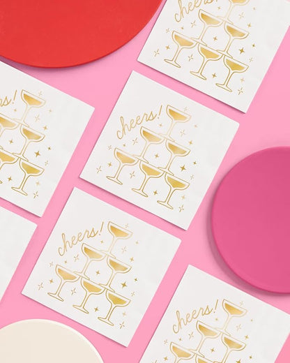 xo, Fetti Gold Foil Cheers Napkins | 3-ply, 50 pcs | Bachelorette Party Champagne Coupe Decorations, Birthday Party Decor, NYE Cocktail Supplies, Celebratory Tableware