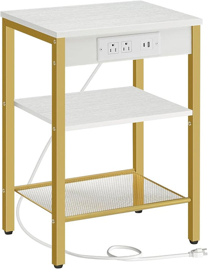 HOOBRO Side Table with Charging Station and USB Port, Small End Table for Small Space, 3-Tier Nightstand with Adjustable Shelf, for Living Room, Bedroom and Balcony, White and Gold DW112BZ01G1