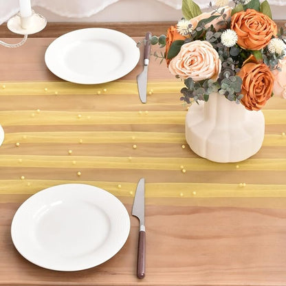 Yellow Pearl Fall Thanksgiving Table Runner Boho Rustic Tulle Lace Table Runner for Baby Shower Wedding Arch Decor Veil Dessert Table Decor 3pcs
