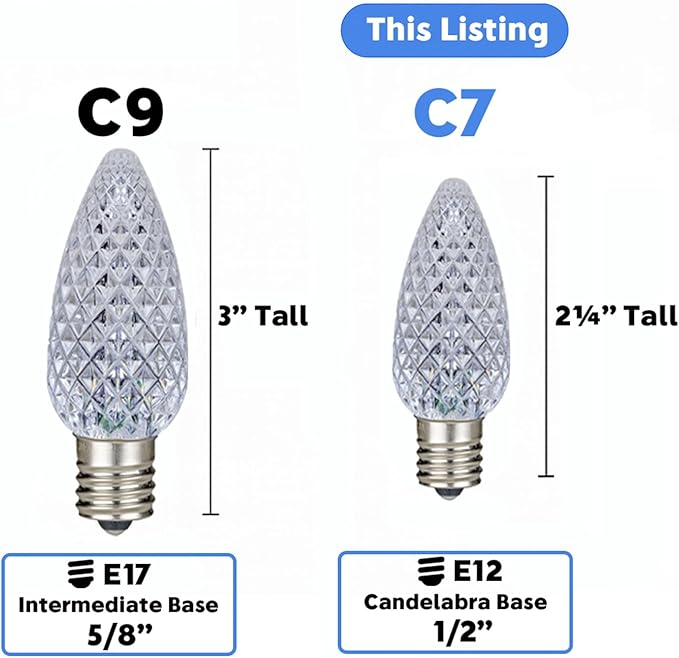 Novelty Lights 20CT Case (500 Bulbs) C7 LED Faceted Ultra Bright Dimmable Outdoor Christmas Light Replacement Bulbs, Red