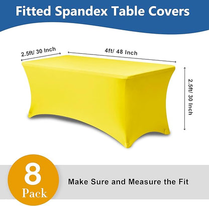 Fitted Stretch Table Cover for 4 Foot Rectangle Tables-8 Pack Yellow Spandex Tablecloth-Elastic Folding Tablecloths for Party, Vendor Booth Display, Banquet Buffet Event, Craft Trade Show
