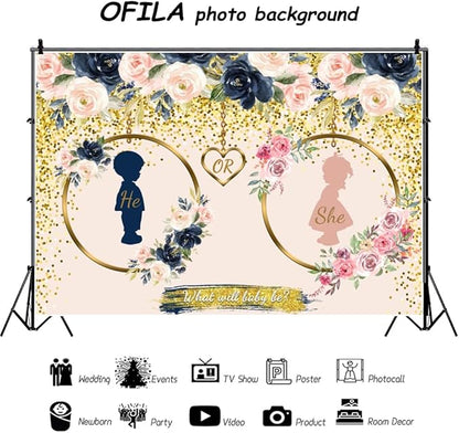 10x8ft Gender Reveal Backdrop Navy and Blush He or She What Will Baby Be Gender Reveal Backdrop Boy or Girl Pregnancy Reveal Photography Background Baby Shower Backdrop Cake Table Decor