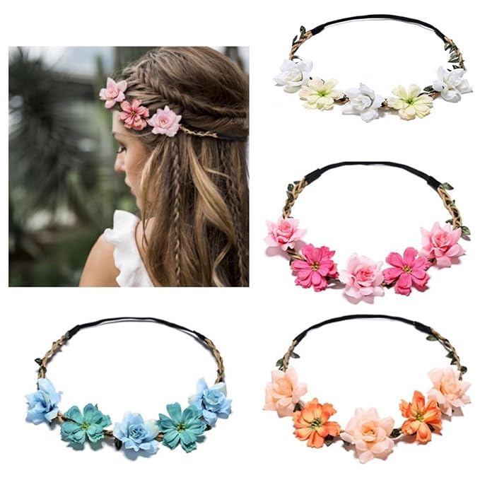 Women Headpieces Collection Accessories - 4PCS Boho Hair Wreaths, Flower Crowns, Tiaras for, Brides, Bridesmaids, Flower Girls, Weddings (A002-4PC)