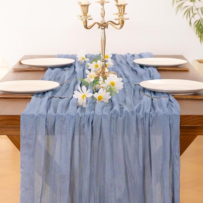 Socomi 6pcs Dusty Blue Fall Thanksgiving Cheesecloth Table Runner Boho Rustic Gauze 120 inch 10FT Cheese Cloth Runner for Wedding Party Baby Shower Birthday Home Decor Holiday Decorations