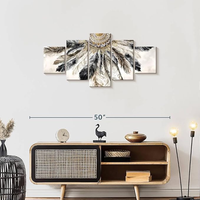 ElephantStock - Necklace Of Feathers Iii Wall Art - Horizontal Multi Panel Canvas - 5 Piece Living Room Wall Decor - Painting Multi Piece Wall Art - Brown And Gray Decor by Eva Watts - 42" x 19"