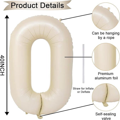 40 Inch Large Cream Numbers Balloons 0-9, Self Inflating White Sand Foil Number 0 Helium Balloon for Boy Girl, Big Beige Digit 0 Balloons for Women Men 30 40 50 60 70 80 100 Birthday Party Decoration