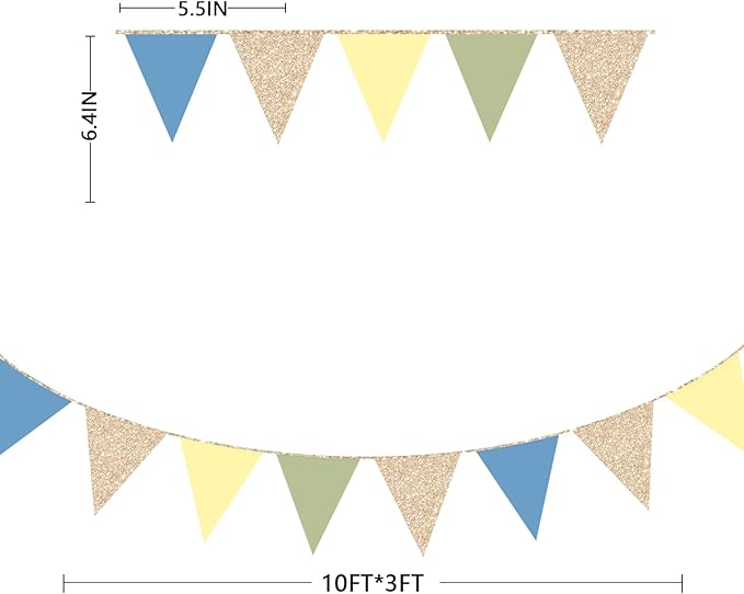 Champagne Gold Dusty Blue Sage Green Yellow Pennant Banner Flag Olive Green Macaron Yellow Blue Hanging Glitter Paper Triangle Bunting for Baby Shower Birthday Wedding Hen Party Decorations Supplies