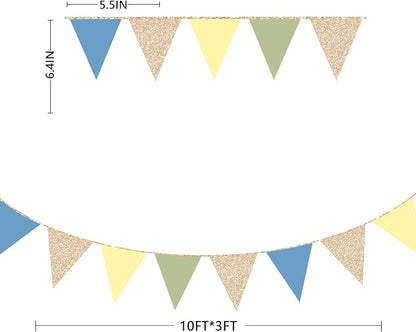 Champagne Gold Dusty Blue Sage Green Yellow Pennant Banner Flag Olive Green Macaron Yellow Blue Hanging Glitter Paper Triangle Bunting for Baby Shower Birthday Wedding Hen Party Decorations Supplies
