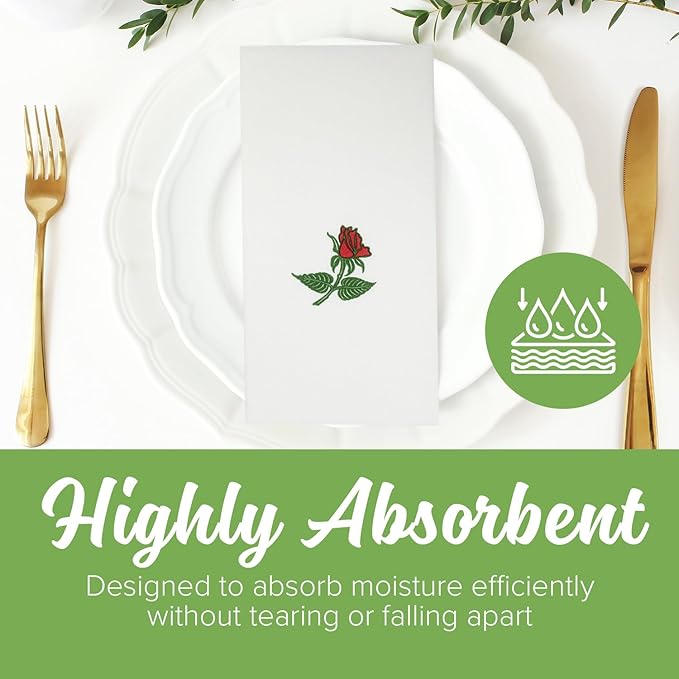 SimuLinen Single Rose Dinner Napkins - Cloth-Like Linen Feel Disposable, Folded Single-use Paper Napkins for Christmas - 19"x17" - Box of 60