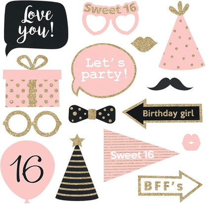 Fully Assembled Sweet 16 Birthday Photo Booth Props - Set of 30 - Pink & Gold Selfie Signs - 16th Party Supplies & Decorations - Cute 16th Bday Designs with Real Glitter - Did We Mention No DIY