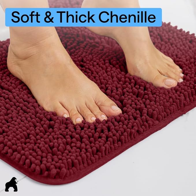 GORILLA GRIP Bathroom Rug Sets, Soft Chenille 2 Piece Area Rugs Set, Toilet Base Mat and 30x20 Carpet, Absorbent Microfiber Washable Mats Dry Quickly, Home Décor and Bath Room Accessories, Burgundy