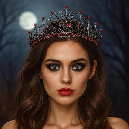 Gothic Black Spider Web Crown for Women Dark Queen Crystal Tiara Metal Headpiece Vampire Cosplay Masquerade Party Prom Night Witch Sorceress Costume Accessory