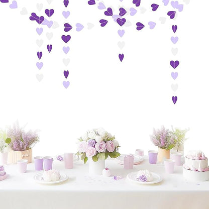 Purple White Birthday Party Decorations – 52Ft Paper Streamers Heart Garland Banner Galentines Valentines Day Girl Baby Shower Women Bridal Wedding Engagement Bachelorette Graduation Hanging Decor