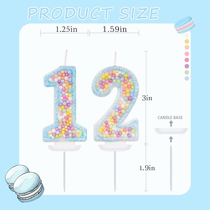 Blue Birthday Candles - Number 12 Candle, Colorful Macaron Candles, 12 Birthday Decorations for Girls Boys, Cake Decorations, Theme Party Supplies (Blue)
