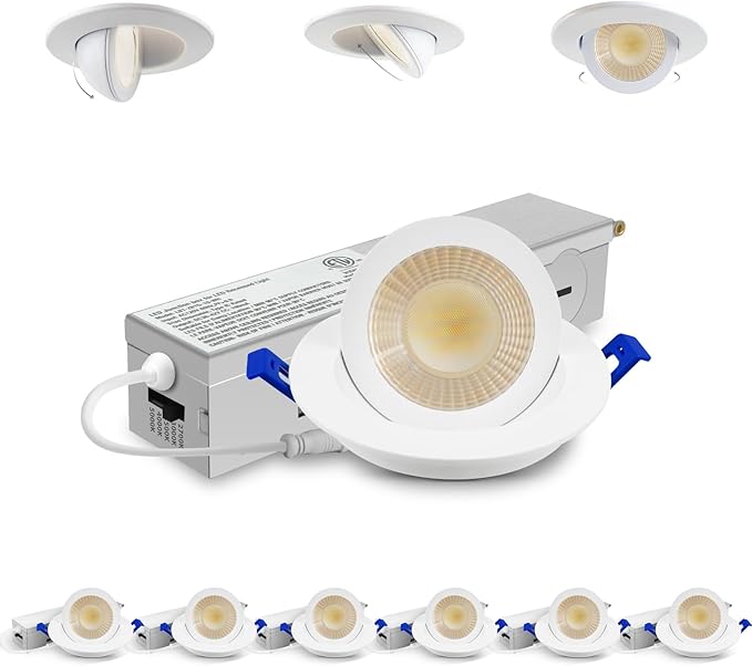 Adetu 2 Inch 5CCT Gimbal Led Recessed Lighting with Junction Box, 360°+90° Adjustable Recessed Can Lights, 2700K/3000K/3500K/4000K/5000K Selectable, 5W Eqv 50W, 550LM Brightness - ETL (White,6 Pack)