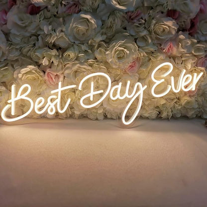 SYLHOME Large LED Neon Light Signs 12V Best Day Ever 26"X7.9" Wedding Ceremony Party Birthday Art Wall Backdrop Sign Decor, for Bedroom Home Bar Pub Neon Night Light Warm White