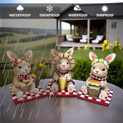 OrnamentallyYou Sweet Easter Decoration for Indoor & Outdoor (Joyful Picnic Gathering Bunny Trio Set of Three Figurines, Spring Rabbit Statue 4.5" Decor)